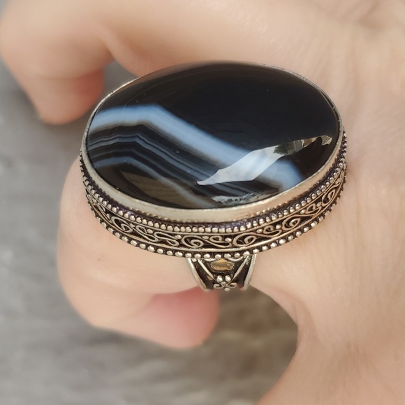 New Black Botswana Agate 925 Silver Ring. - Picture 3 of 16